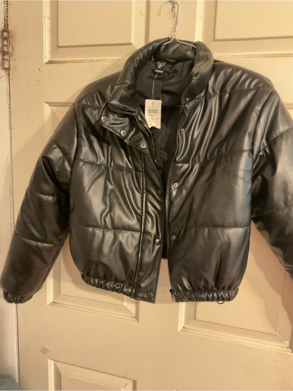 NWT Windsor Sz. S. Black Puffer SLEEK Cropped Jacket Faux Leather Full Zip